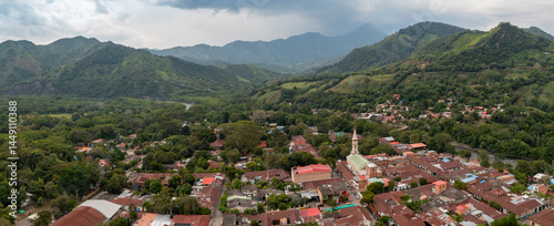 Panoramic aerial view of the town of Utica, surrounded by mountains. Colombia