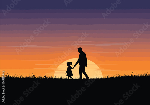 Sunset father daughter silhouette. This image shows a father and daughter holding hands, walking together during sunset, highlighting their bond and connection. Vector clipart illustration design.
