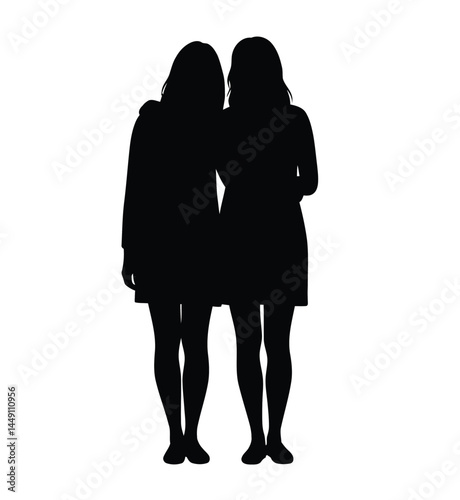 2 sisters silhouette. This image shows two sisters standing close together in a silhouette style, their bond and unity, also known as a family or friendship icon.  clipart illustration design.