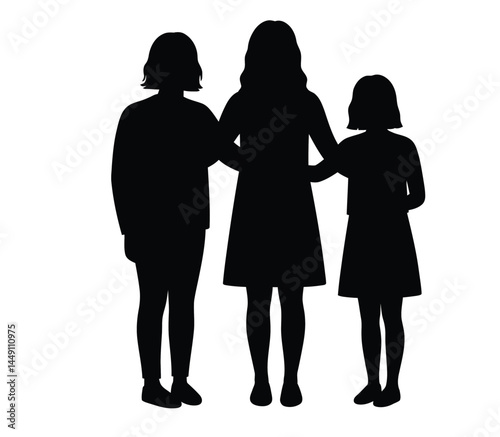 3 sisters silhouette. This image shows a black silhouette of three sisters standing side by side, symbolizing family, unity, and strong bonds between siblings. Vector clipart illustration design.