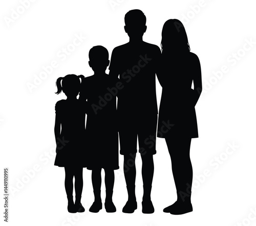 4 siblings silhouette. This image shows four siblings standing together in a silhouette style, symbolizing family unity, support, and connection. Vector clipart illustration design.