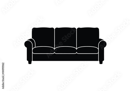 Couch silhouette. This image shows a black silhouette of a three-seater couch with armrests and cushions. Vector clipart illustration design.