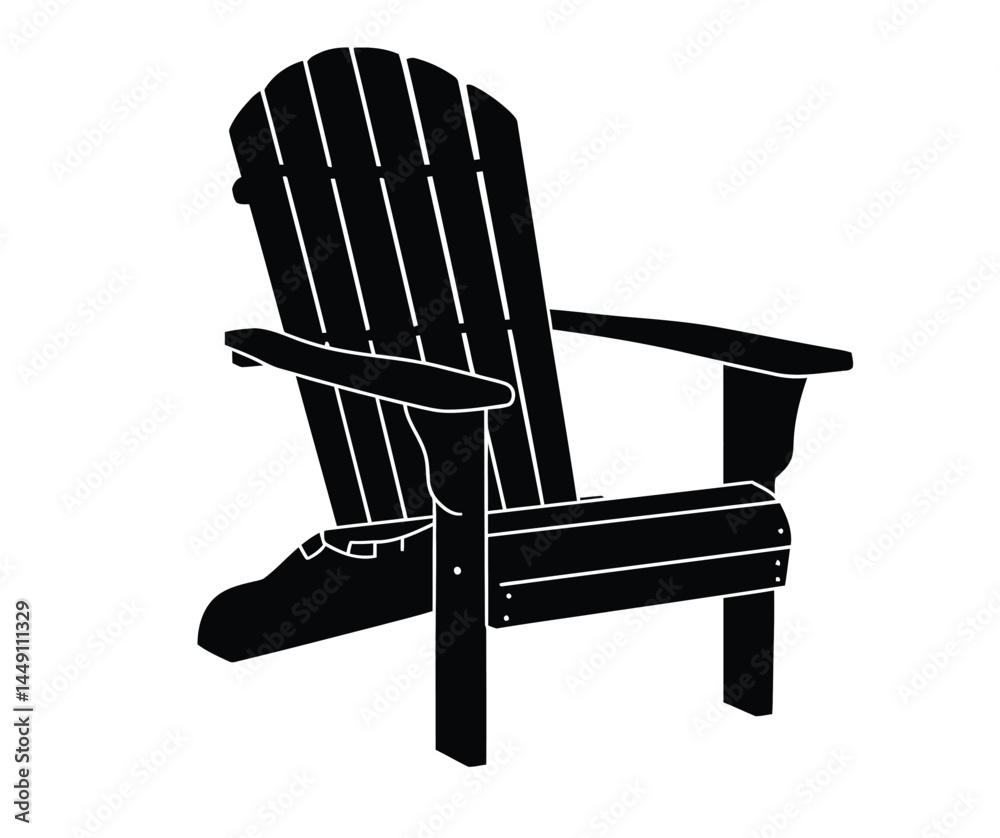 Adirondack chair silhouette. This image shows a silhouette of an Adirondack chair, also known as a Muskoka chair, featuring a slatted back and wide armrests. Vector clipart illustration design.