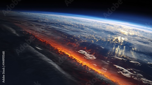 A stunning view of Earth from space, showcasing the planet's curvature against a backdrop of darkness, with a vivid orange glow along the edge representing atmospheric phenomena. Fluffy clouds partial