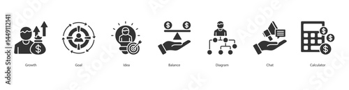 Business Planning icon sheet vector illustration growth, goal, idea, balance, diagram, chat, calculator