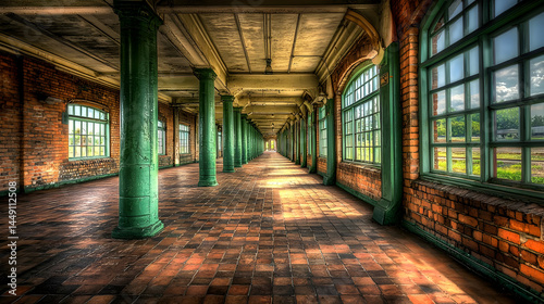 Long Industrial Corridor With Green Pillars