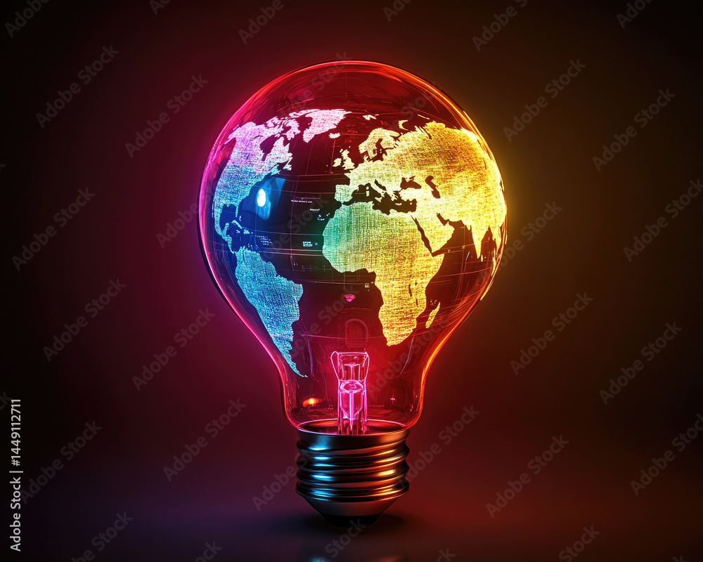 Illuminated globe lightbulb, glowing with vibrant colors and world map Illuminated globe lightbulb, glowing with vibrant colors and world map