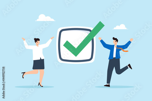 Flat illustration of happy business people celebrating big checkmark symbolizing task completion project success teamwork and achievement