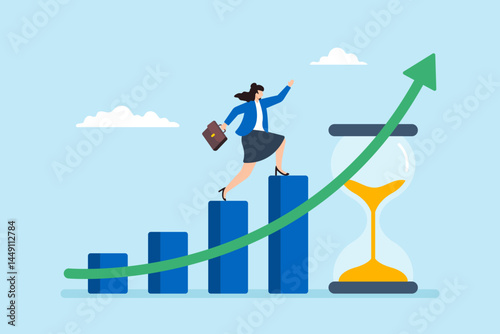 Flat illustration of confident woman walking on growing bar chart with hourglass representing patience time management and steady business progress