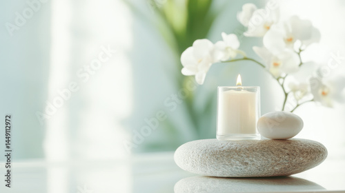 A candle is lit on a rock, surrounded by a vase of white flowers