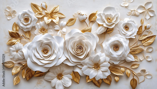 Elegant 3D Ceiling Wallpaper with White and Gold Floral Design
