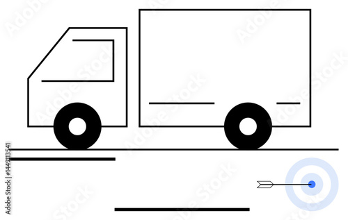 Minimalist truck on the road next to arrow hitting bullseye. Ideal for logistics, shipping, delivery, precision, supply chain, aim, focus, efficient operations and simple landing page