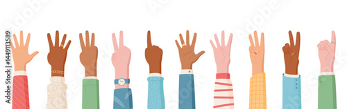 Cartoon hands in a flat style show finger counts from zero to five set. Illustrating people with diverse gestures and sleeves, this isolated set provides educational elements for visual aids.