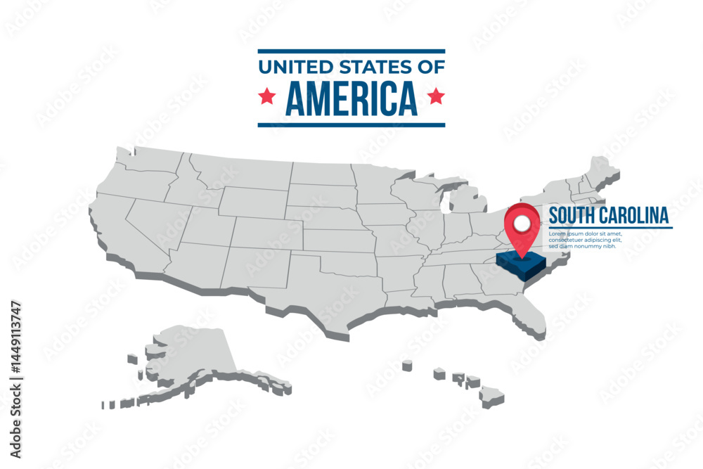 Obraz premium South Carolina Highlighted On A 3D Map Of The United States Of America