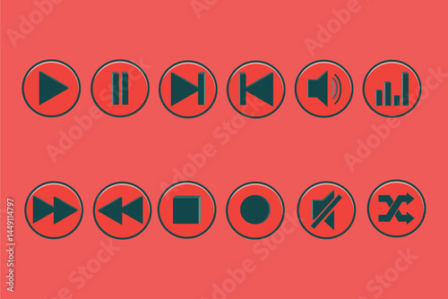 3D Media Player Button Set Icon Color Vintage vector. 3D Media Player Buttons Set Vintage Color Icon VectorPlay, Record, Stop, Fast Forward, Pause and more buttons