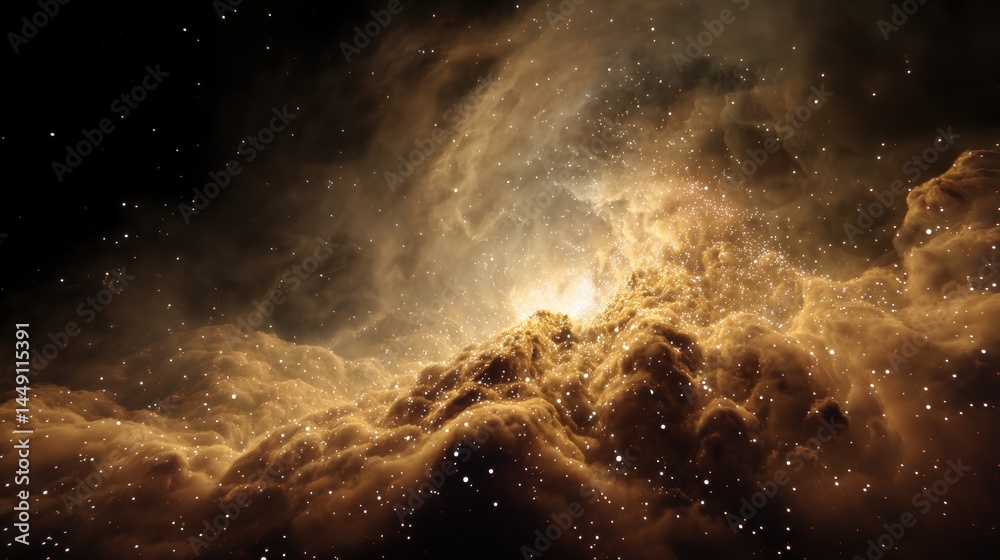 Fototapeta premium A stunning cosmic landscape featuring a nebula filled with swirling clouds of gas and dust illuminated by countless sparkling stars. The scene captures the ethereal beauty of space, with a vibrant gol