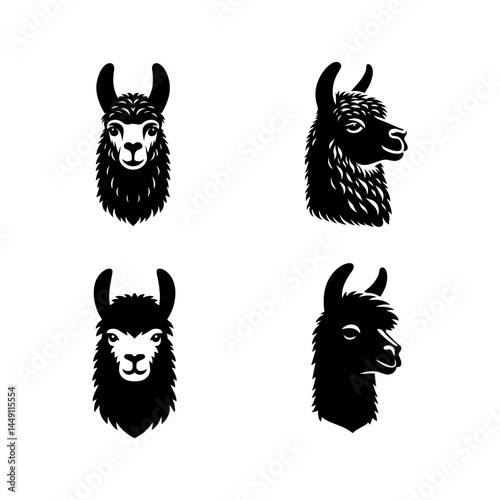 Llama Face Silhouette Vector Set – Detailed Portrait of a Friendly Camelid for Wildlife, Nature, and Animal-Themed Design Projects

