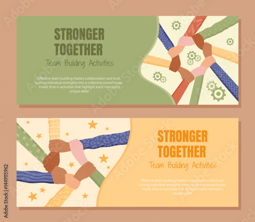 Flat style banner with a set of diverse hands forming teamwork. Multicultural community and solidarity group symbol in leadership concept. Creative together design for a community project.