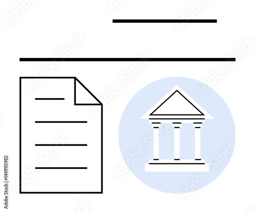 Legal document next to a courthouse with iconic pillars in a minimal design. Ideal for law, justice, governance, education, legal contracts, administrative processes, compliance, flat simple metaphor