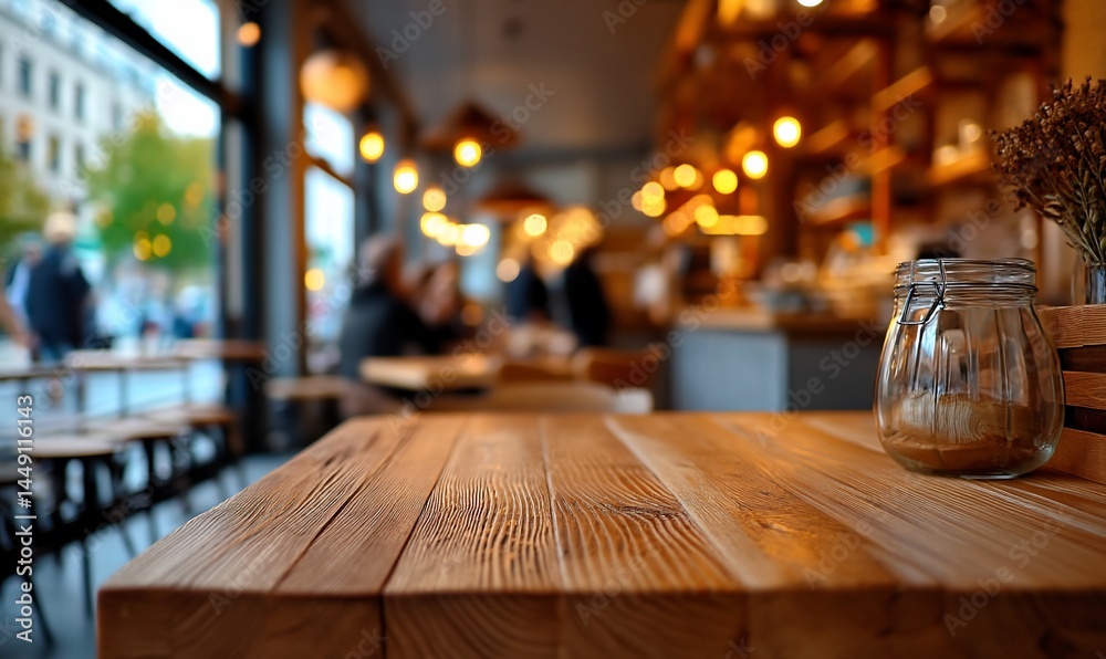 Empty wooden cafe table, blurred background of customers and interior, daytime. Possible use stock photo for restaurant advertising, cafes, empty table Empty wooden cafe table, blurred background of customers and interior, daytime. Possible use stock photo for restaurant advertising, cafes, empty table