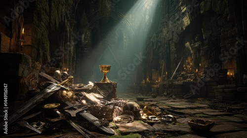 Underground, a forgotten chamber containing the Holy Grail, surrounded by rotten treasures, spider webs, and bones. The Holy Grail radiates a holy light that contrasts with the ruins of history.