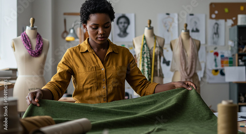 Fashion designer holding green fabric in her workshop photo