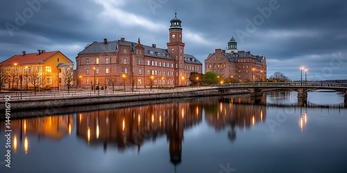 European city waterfront at twilight, illuminated buildings reflected in still water, possible use for travel brochure or tourism website