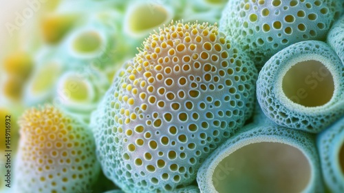 A close-up view of intricate marine coral textures, showcasing vibrant colors including soft greens, yellows, and turquoise. The image captures various forms of coral with detailed patterns and perfor