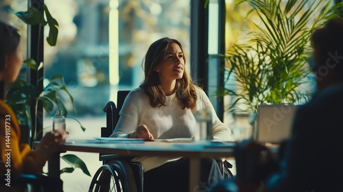 Woman in wheelchair presiding over a work meeting. International Day of Inclusion concept.