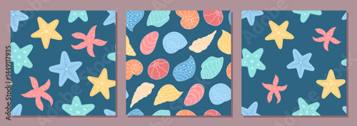 Seamless underwater pattern with marine style elements set. Aquatic background with cartoon starfish and seashells in a flat design. Perfect for summer sets and ocean visuals.