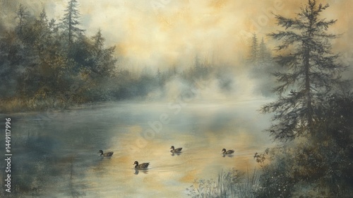 A serene landscape featuring a misty lake at dawn, surrounded by tall evergreen trees. Four ducks gently glide across the water, creating ripples that reflect the soft, warm hues of the early morning 