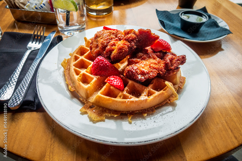 Golden, crispy fried chicken piled on a fluffy waffle, topped with fresh strawberries. Served on a white plate with a side of syrup, catching warm sunlight on a cozy wooden table.