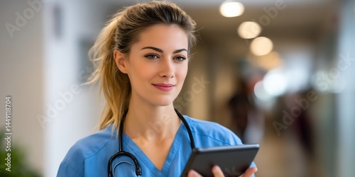 Female nurse in hospital hallway holding digital tablet, healthcare professional, modern medical facility