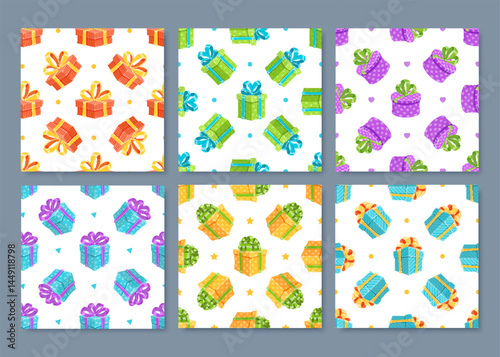 Cartoon gift box seamless pattern set in a flat style. Present packages with colorful ribbon and bow enhance holiday cheer. Ideal for birthday surprise visuals.