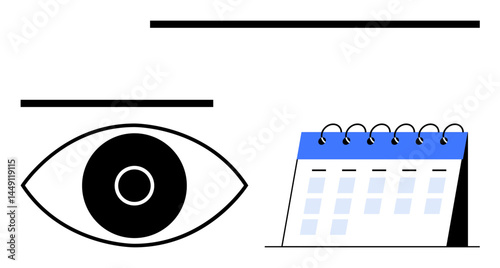 Eye graphic next to a spiral-bound calendar with blue accents. Ideal for planning, scheduling, monitoring, productivity, time management, organization, and a simple landing page