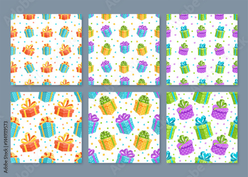 Cartoon gift box seamless pattern set. A cute collection of presents with ribbons and bows creates a fun birthday or holiday background. This lively design is perfect for party themes, surprise