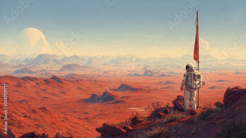 A lone astronaut stands atop a rocky outcrop, gazing out over a vast and desolate alien landscape. The planet's surface is characterized by deep red hues and rugged terrain, with distant mountains and