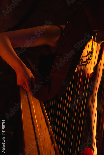 close up of harp being moved onto stage
