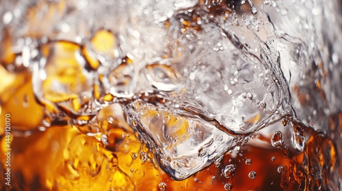 Close-up shot of bubbles and splashes in a carbonated drink, showcasing the intricate details of clear water mingling with amber liquid, highlighting the effervescence and dynamic movement of the drin