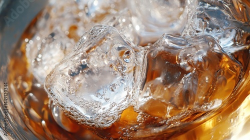 Close-up view of ice cubes glistening in a glass of cola, showcasing the texture of the ice and the bubbles in the carbonated drink. The rich amber hue of the cola contrasts beautifully with the trans