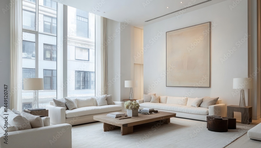 Modern minimalist living room with large windows, showcasing a neutral color palette and simple furnishings. A large artwork complements the space Modern minimalist living room with large windows, showcasing a neutral color palette and simple furnishings. A large artwork complements the space