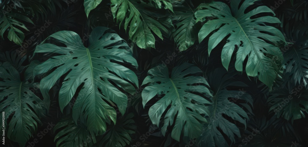 Fototapeta premium Intricate, shadowed tropical leaves, deep emerald hues , tropical, green, undergrowth