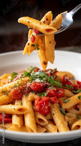 Forkful of penne pasta with roasted cherry tomatoes, basil, and garlic; delicious Italian dish; close-up view