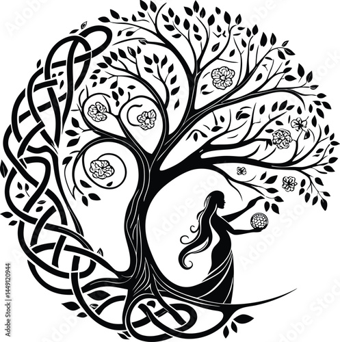 "Spiritual Tree Emblem with Woman Holding Light Symbolizing Balance and Wisdom"