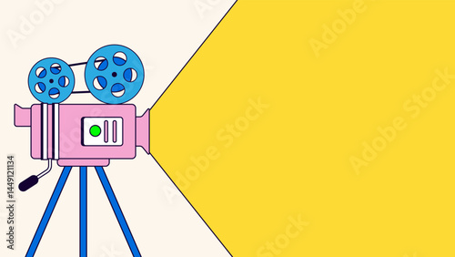 Vintage film projector casting a bright yellow beam of light Cartoon background illustration for background, evoking a retro cinematic vibe