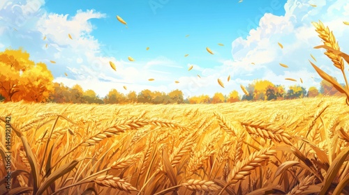 A vibrant, sunlit landscape featuring a golden wheat field gently swaying in the breeze. The scene is enhanced by a bright blue sky dotted with fluffy white clouds, and scattered yellow leaves falling