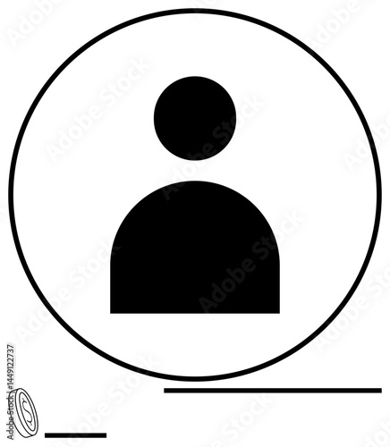 Silhouette of a person inside a circle with simple line accents and a coin icon. Ideal for user login, profile dashboard, account creation, membership, identity, minimalism, simple landing page