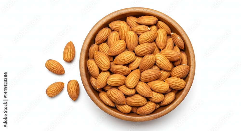Top view of raw almonds in wooden bowl on white background Top view of raw almonds in wooden bowl on white background