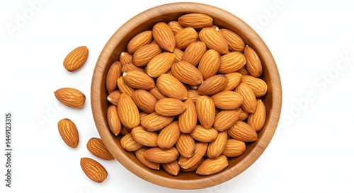 Top view of raw almonds in wooden bowl on white background