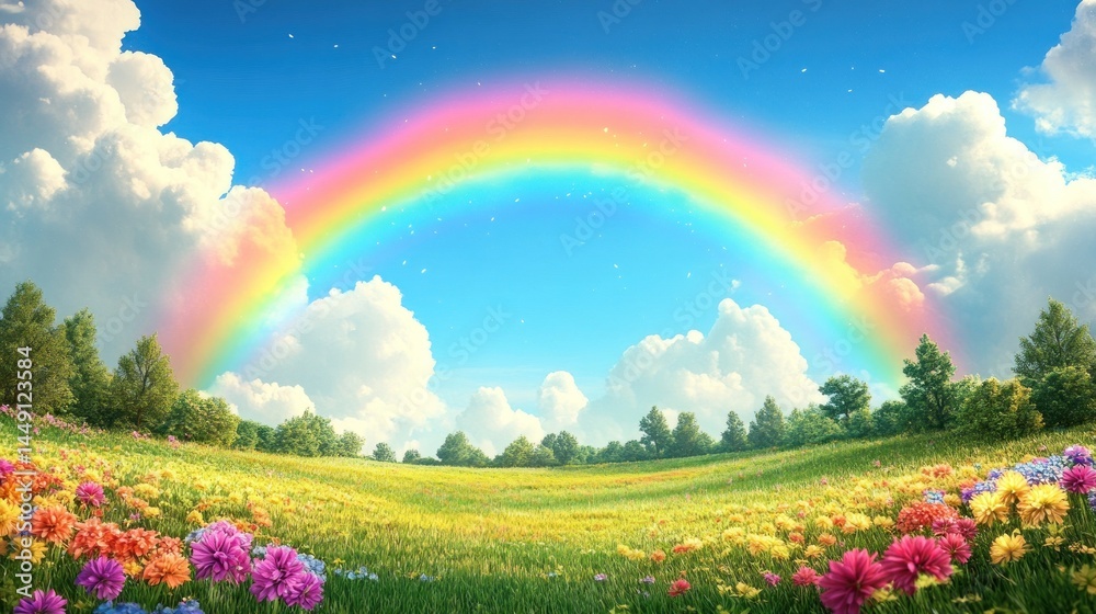 Fototapeta premium Colorful meadow, rainbow, and clouds